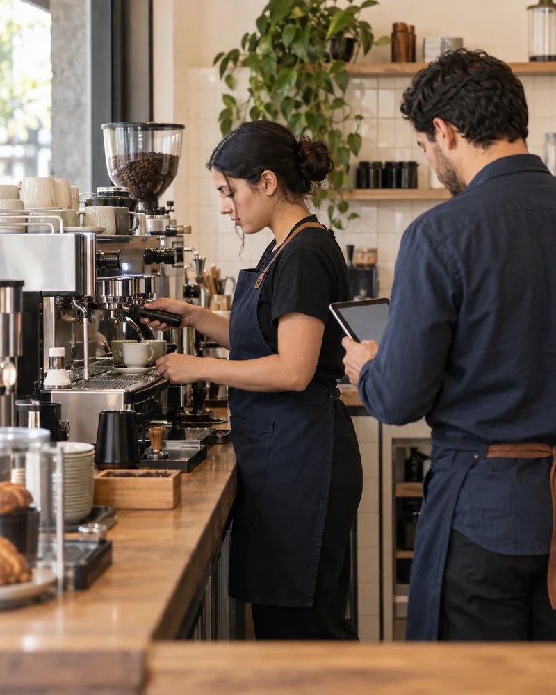 Barista y responsable de cafetería coordinan la operación junto a la barra de espresso