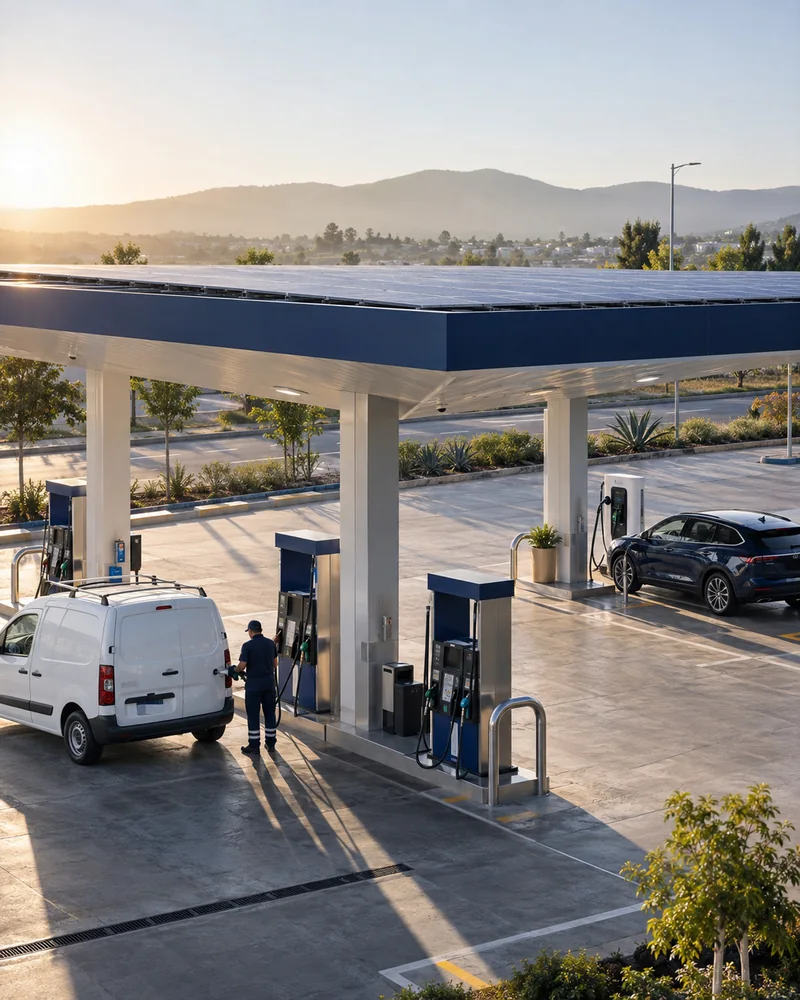 Estación de servicio contemporánea con infraestructura para abastecimiento y movilidad