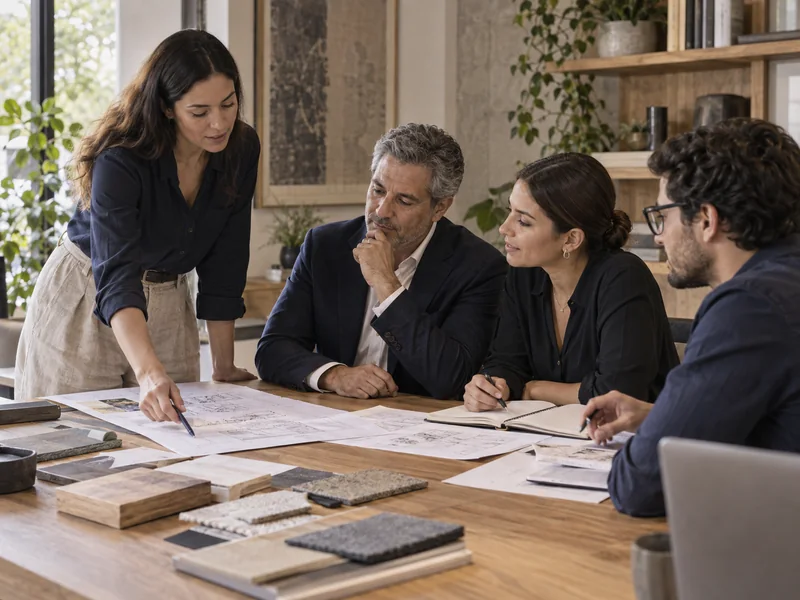 Equipo multidisciplinario comparte ideas y revisa materiales alrededor de una mesa de trabajo